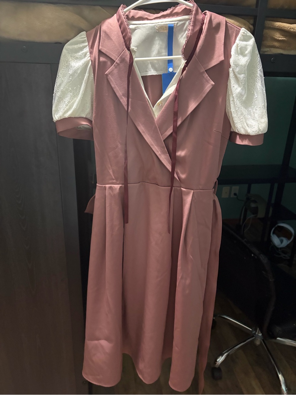Midi Dress with White Puff Sleeves in Dusty Rose